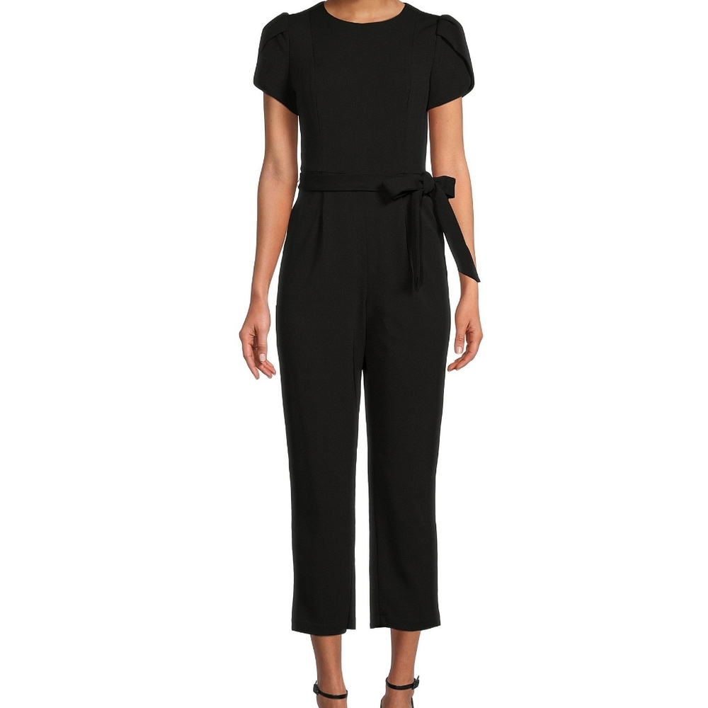 Calvin Klein Black Short Sleeve Crew Neck Tie Waist Scuba Crepe Jumpsuit Size 6